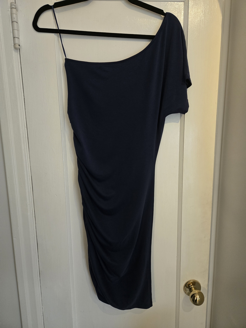 One-Shoulder Navy Blue Midi Dress ruched bodycon